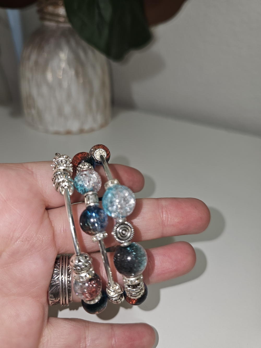 Silver Multi-Color Crystal Bead Bangle Bracelet Set